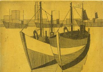 Vissersboten te Oostende, ets van L. Smets