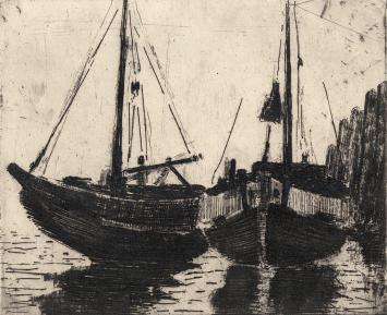 De Belgische graveur Léon Smets met een kunstwerkje op papier