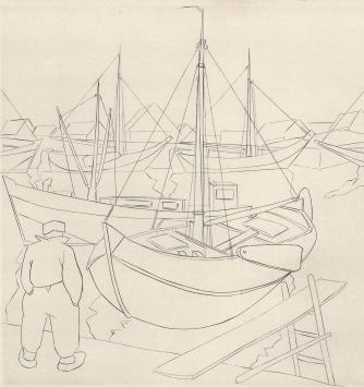 Burijngravure, visser in de vissershaven