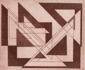 De Belgische etser Léon Smets met een abstract kunstwerkje