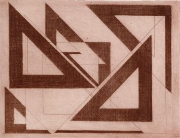 De Belgische etser Léon Smets met een abstract kunstwerkje