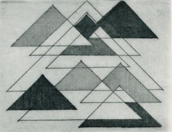 De Belgische etser Léon Smets met een abstract kunstwerkje