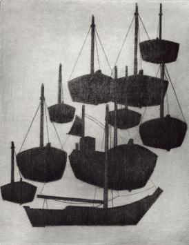 De Belgische etser Léon Smets met een ets van bootjes