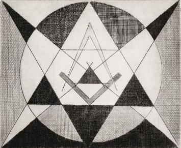 De Belgische etser Léon Smets met een abstract kunstwerk