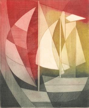 De Belgische etser Léon Smets met een abstract grafisch kunstwerkje