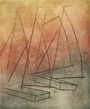 De Belgische etser Léon Smets met een grafisch kunstwerkje