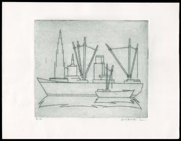 Boten te Antwerpen geëtst door Mechelse kunstenaar Léon Smets