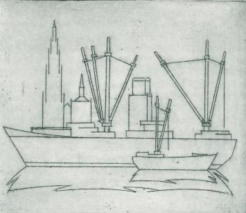 De Belgische etser Léon Smets met een grafisch kunstwerkje