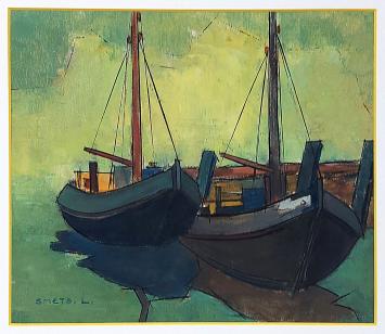 Schilderij kopen van L. Smets, boten in het water