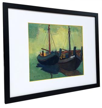 Gouache, twee boten op het water