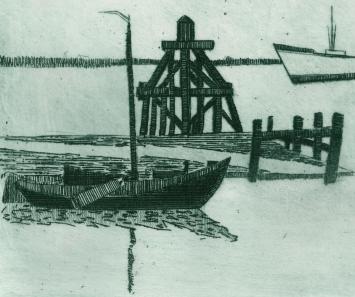 Groot schip en kleine zeilboot aan staketsel
