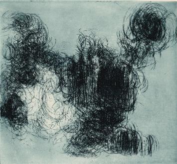 De Belgische etser Léon Smets met een ets, abstract kunstwerk