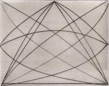 De Belgische etser Léon Smets met een abstract kunstwerkje