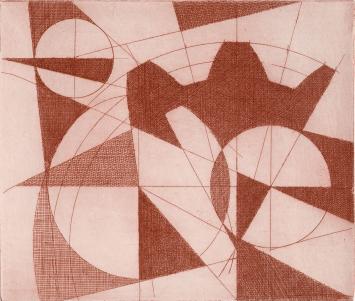 De Belgische etser Léon Smets met een abstract kunstwerkje