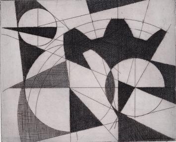 De Belgische etser Léon Smets met een abstract kunstwerkje