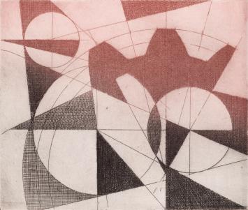 De Belgische etser Léon Smets met een abstract kunstwerkje