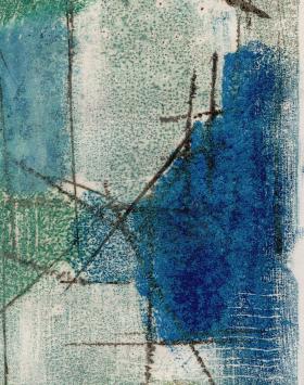 Abstractie lijnen en vlakken, Ets/monotype Bl,Gr,Geel