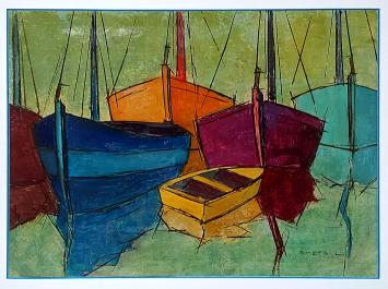 Schilderij kopen van L. Smets, vissersboten