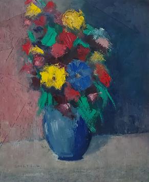 De Belgische kunstenaar Léon Smets met een olieverfschilderij