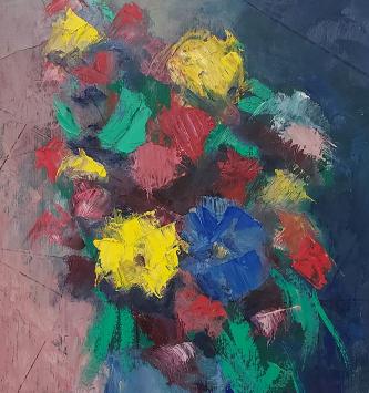 Stilleven, blauwe vaas met kleurrijke bloemen