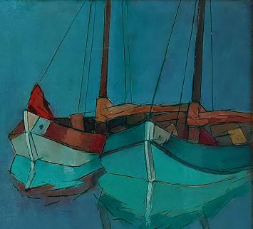 De Belgische schilder Léon Smets met een éénvoudig kunstwerk