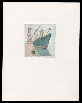 Boot met kraan geëtst door Mechelse kunstenaar Léon Smets