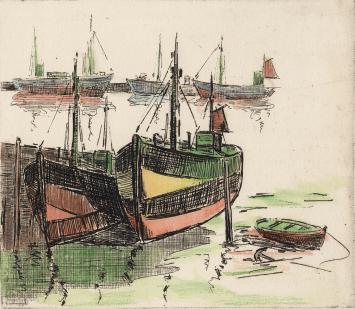 De Belgische etser Léon Smets met een grafisch kunstwerkje