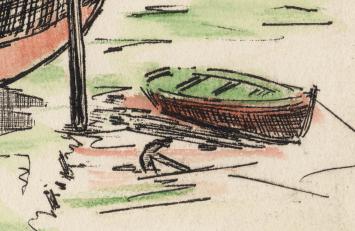 Opgehoogde ets, Vissersboten en sloep op het droge 1/25