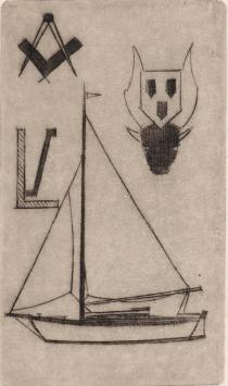 De Belgische etser Léon Smets met een kunstwerkje op papier