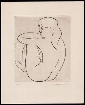 Naakte zittende vrouw op papier gedrukt