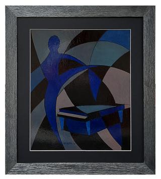 De dansles, Léon Smets, verf op karton, abstracte figuur en geometrische vormen in blauw en zwart.