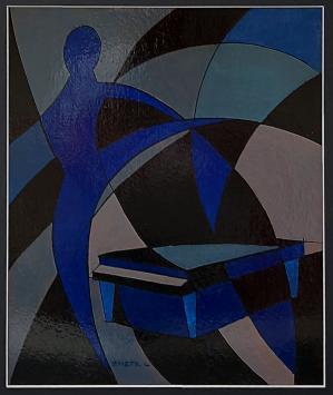De dansles, Léon Smets, paint on cardboard, abstract figure and geometric shapes in blue and black.