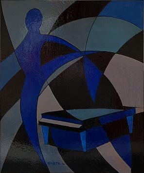De dansles, Léon Smets, peinture sur carton, figure abstraite et formes géométriques en bleu et noir.