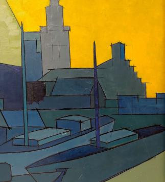 De Belgische schilder Léon Smets met een kunstwerk