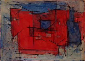 De Belgische schilder Léon Smets met abstract schilderij