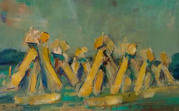 De Belgische schilder Léon Smets met een olieverfschilderij