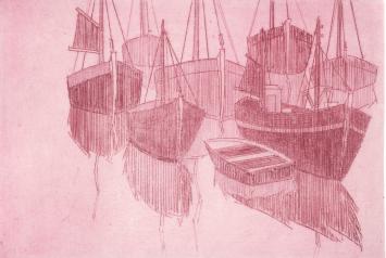 De Belgische etser Léon Smets met een grafisch kunstwerkje
