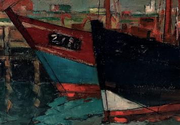 Olieverf, twee boten te Zeebrugge