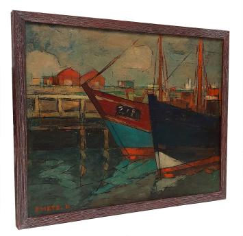 Olieverf, twee boten te Zeebrugge