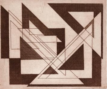 De Belgische etser Léon Smets met een abstract kunstwerkje