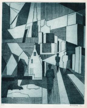 Grafisch kunstwerk van L. Smets, mensen in de stad