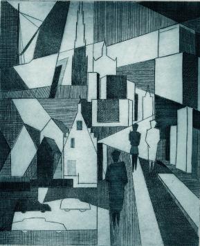 De Belgische etser Léon Smets met een grafisch kunstwerkje