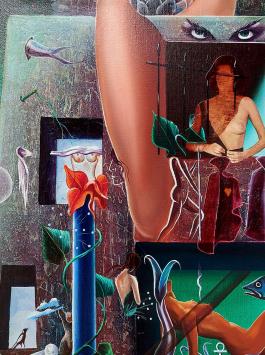 Schilderij uit 1976, surrealistisch kunstwerk op canvas