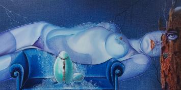 Schilderij uit 1981, surrealistisch kunstwerk op canvas