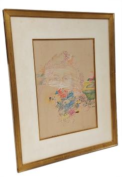 Tekening, meisje achter de bloemen 1968