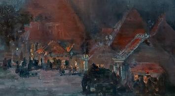 Kerk en mensenbij avond Liévin Herremans