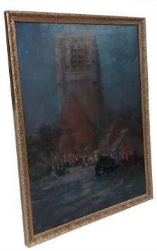 Mensen bij de kerk bij nacht