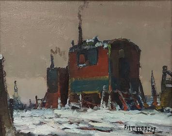 Piet Lippens met woonwagens in de wintersneeuw