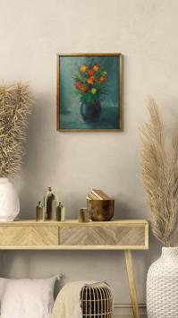 Bloemenstilleven, blauwe vaas met geel-rode bloemen