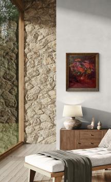 Stilleven vaasje met rode en oranje bloemen – oil on canvas – Jos Mous